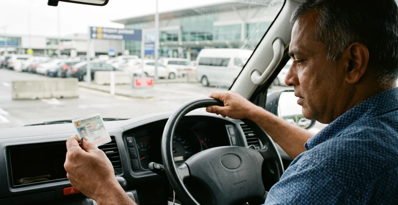 Un conducteur vérifie son permis de B au volant d'un minibus stationné.