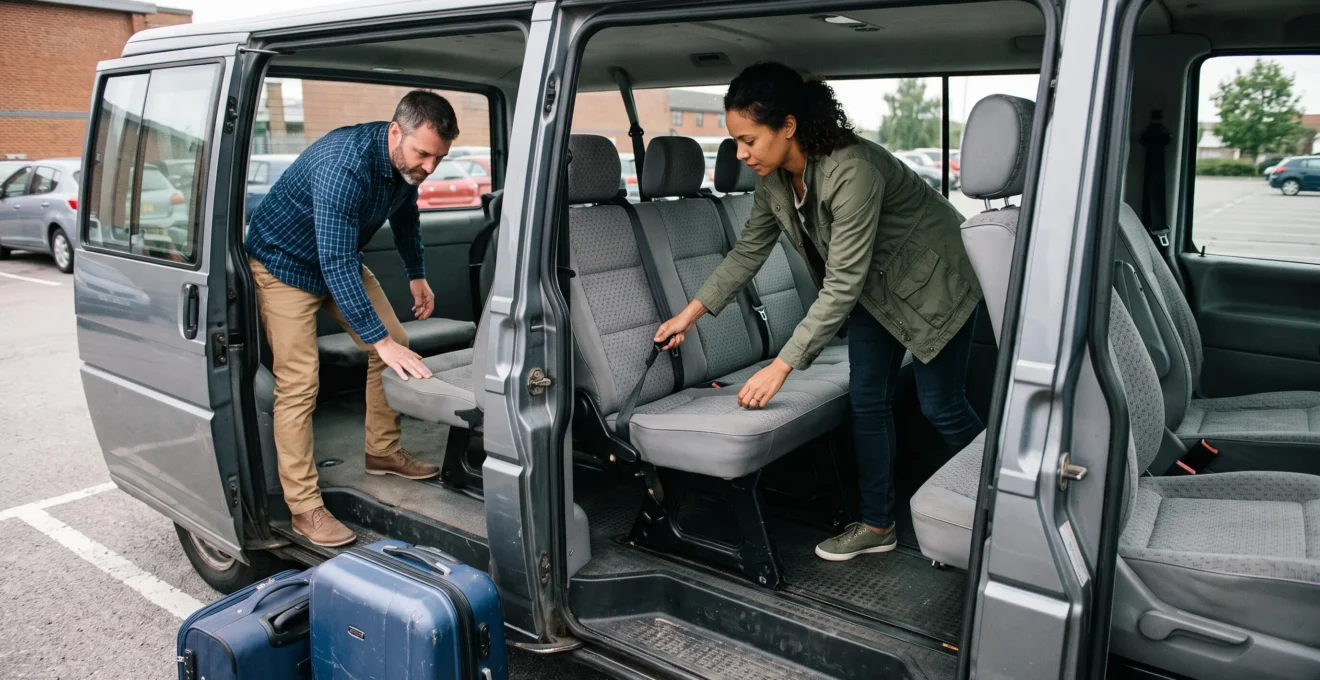 Un couple inspecte les sièges et l'espace bagages à l'intérieur d'un minibus neuf places.
