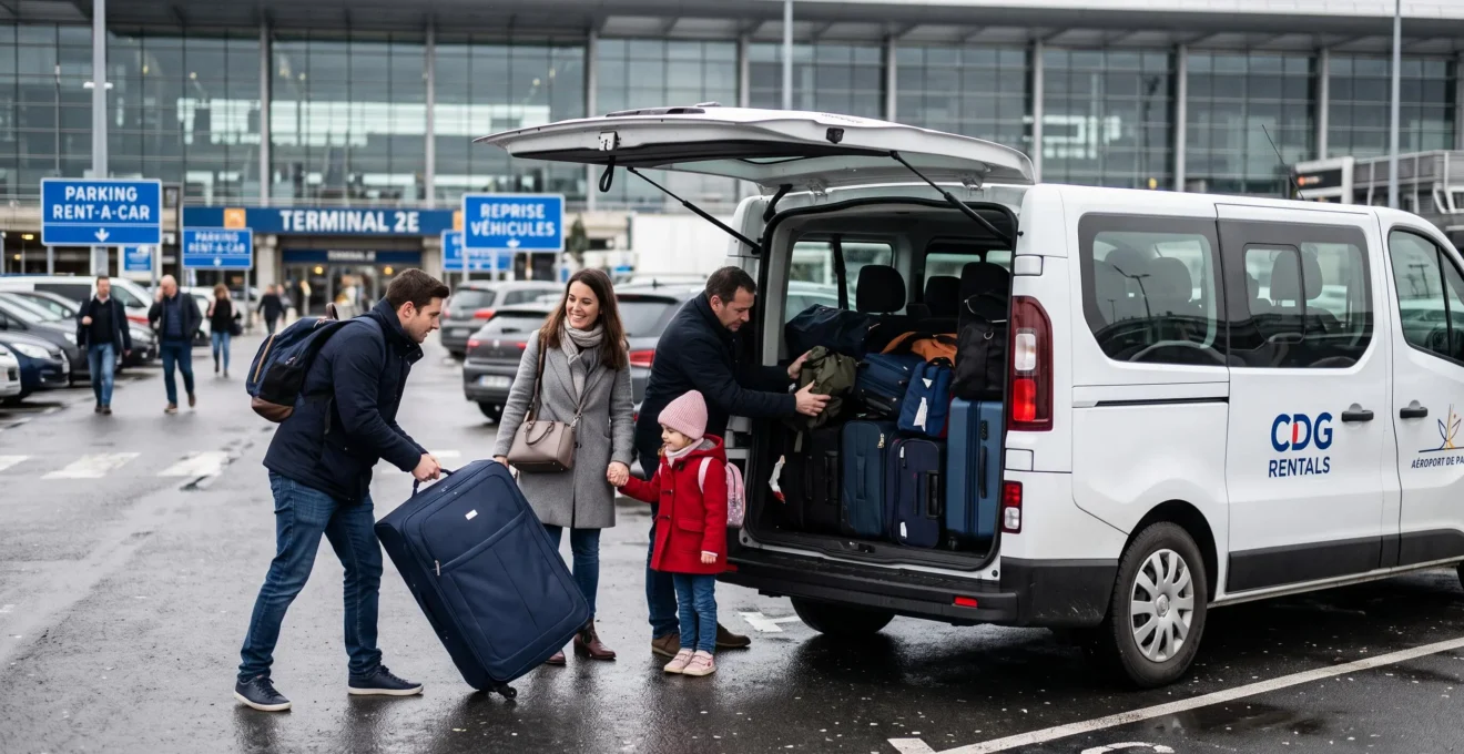 Un groupe de voyageurs charge des valises dans un minibus blanc sur un parking d'aéroport.