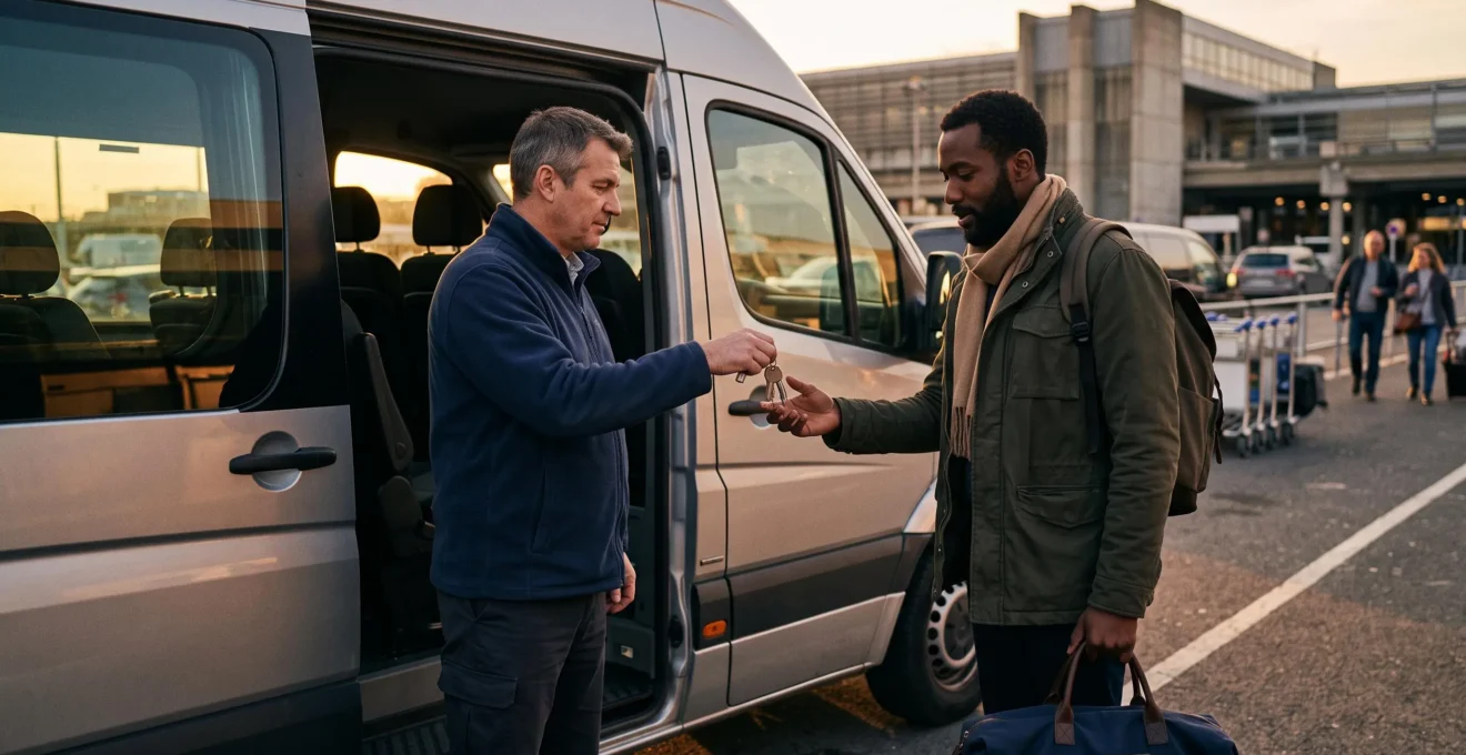 Un agent remet les clés d'un minibus à un client près du véhicule à l'aéroport.